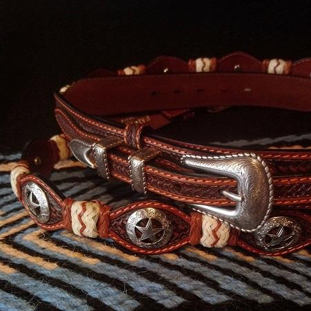 Leather belt with concho & rawhide